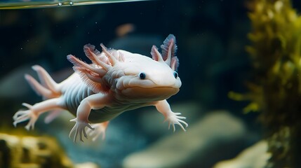 A axolotl floating in a tank of water