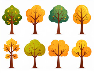 Cartoon trees in various stages of autumn foliage against a white background
