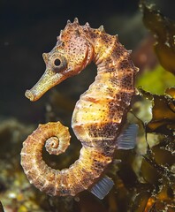 A seahorse curling its tail around seaweed