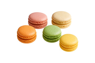 Colorful French macarons isolated on transparent background. Assortment of vibrant macarons in pink, green, orange, yellow, and cream colors. Perfect for bakery, dessert, and confectionery design 