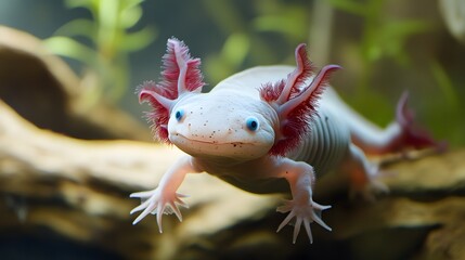 A axolotl floating in a tank of water