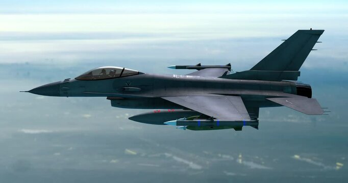 Stealth Jet in Flight Over An Industrialized Crowded City. War And Air Force Related 4K 3D Animation.