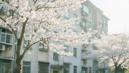 In spring, cherry blossom trees beside residential buildings are full of flowers. The sun shines, interweaving a romantic and life - filled corner of the city.