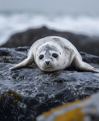 Baby seal resting on rocky shore with soft natural lighting