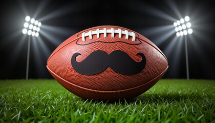 Obraz premium American football with mustache on turf field, Father’s Day sports humor