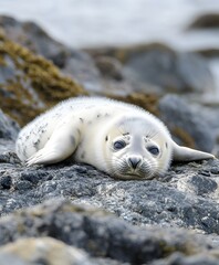 Baby seal resting on rocky shore with soft natural lighting