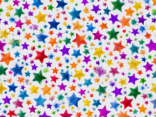 A colorful array of painted stars scattered across a white background in a playful and vibrant pattern