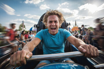 Young man is rapidly descending down an amusement ride.