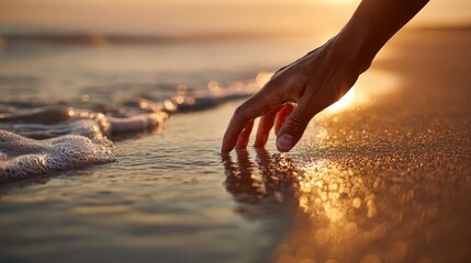 Fingers grazing damp shoreline sand during sunset, casting delicate ripples across golden lit water surface, embodying peaceful coastal tranquility
