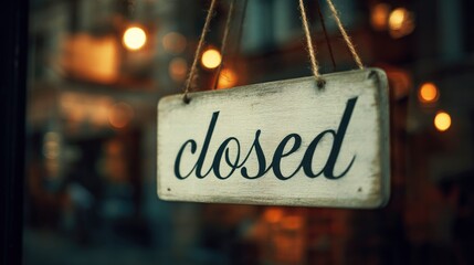 A closed sign hangs in a shop window with warm bokeh lights visible in the blurred background