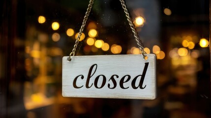 A closed sign hangs in a window displaying the word in cutout letters with blurred lights visible in the background