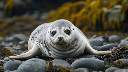 Baby seal resting on rocky shore with soft natural lighting