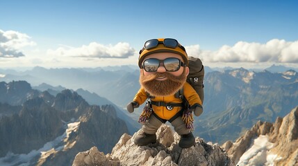 Cheerful Cartoon Mountaineer on Sunny Mountain Peak