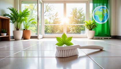 White scrubbing brush with green leaf in eco-friendly setting, World Environment Day