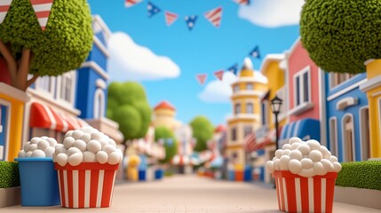 Cheerful Cartoon Town Street Scene with Popcorn Buckets