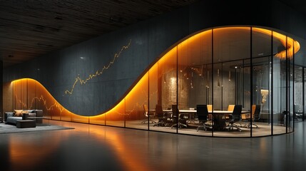Impressive modern office interior showcases a glass meeting room with dynamic lighting, creating an inspiring atmosphere during evening hours