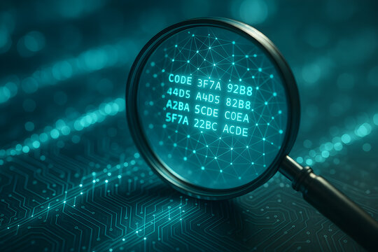 Magnifying glass focusing on digital code on a circuit board background, representing data analysis and cybersecurity.
