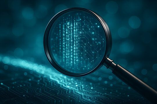 Close-up of a magnifying glass focusing on binary code over a digital circuit background, representing technology and data analysis.