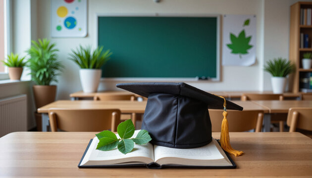 Black graduation cap with green leaf on book in classroom, eco-friendly education