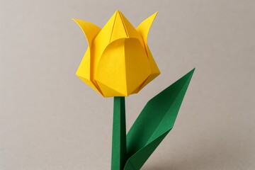 Bright yellow origami tulip standing on a green stem with leaves against a neutral background in a craft setting