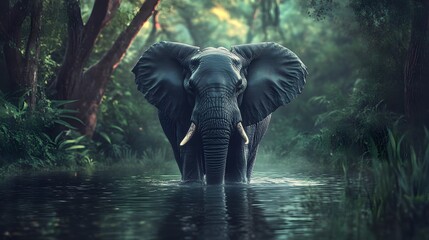 Asiatic Elephant having a bath in the river
