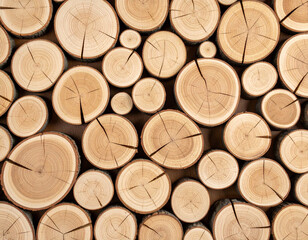 Detailed Overhead View of Stacked Wood Slices with Natural Grain and Cracks