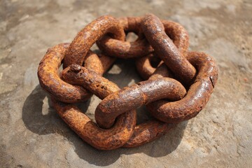 Fototapeta premium A rusted metal chain is arranged on a textured concrete surface