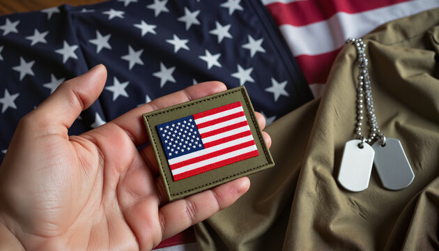 US flag patch with dog tags on military uniform, commemoration patriotism