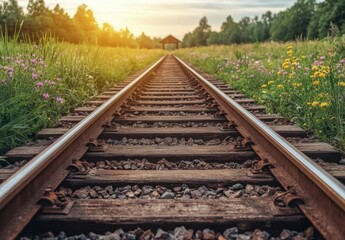 Obraz premium Close-Up View of Railroad Tracks Surrounded by Greenery and Flowers Leading into a Distant Structure at Sunset