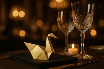 Elegant golden origami crane placed on a dark table setting with crystal glasses and soft candlelight ambiance at a restaurant