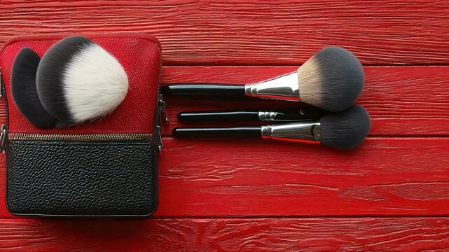 Makeup brushes and case on a red wooden surface