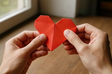 Hands holding a red origami heart while seated near a sunny window in a cozy room
