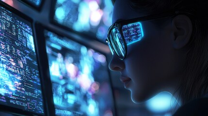 Cyberpunk Woman with futuristic glasses analyzing code on multiple screens in a dark environment