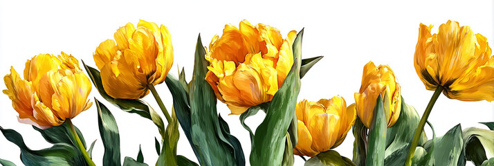 A row of vibrant yellow tulips with green leaves against a stark white background in an artistic style
