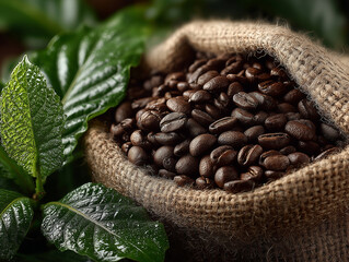 Obraz premium Juta worek wypełniony palonymi ziarnami kawy, otoczony świeżymi, zielonymi liśćmi kawowca. Symbol naturalności i jakości produktu kawowego.