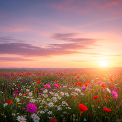 Fototapeta premium Breathtaking sunset over a wildflower meadow featuring vibrant colors and peaceful atmosphere