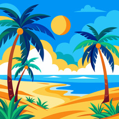 Tropical beach scene with multiple palm trees vector illustration