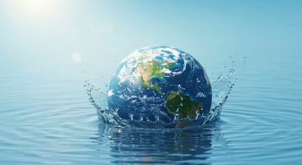 A globe splashing into tranquil water, symbolizing environmental preservation and global interconnectedness