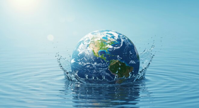 A globe splashing into tranquil water, symbolizing environmental preservation and global interconnectedness