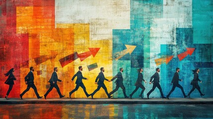 Obraz premium Diverse group of businesspeople running along colorful arrow pathway