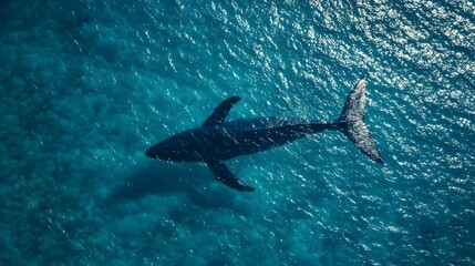 shadow of a blue whale in the sea seen from the air