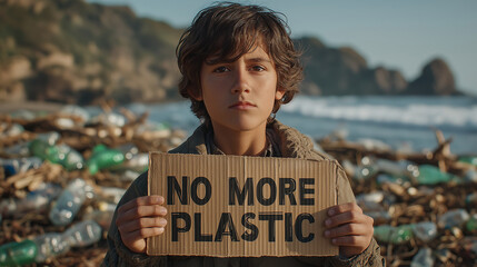 A Plea for the Planet: A young individual stands amidst a scene of ocean pollution, holding a sign, conveying a powerful message about the urgency of reducing plastic waste to protect our planet.