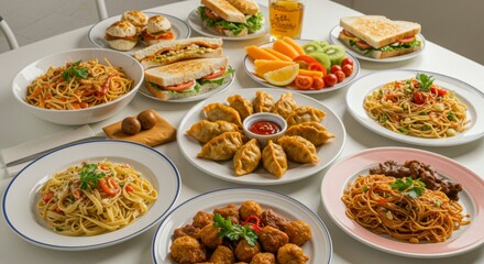 Variety of Asian-inspired dishes on a white table