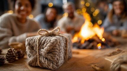 Rustikales Weihnachtsgeschenk mit Juteschnur umhüllt liegt neben Tannenzapfen vor warmem Kerzenschein