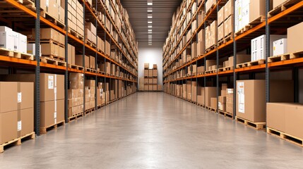Modern Factory Interior with Large Shelving Units for Building Materials and Goods Storage in a Spacious Warehouse Environment