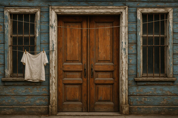 Weathered blue wooden house facade with double doors, barred windows and a white t shirt hanging on a clothesline outdoors