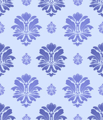 Damask seamless pattern with blue flowers, vintage design, vector illustration elegant for textile, wall paper, bedding, curtain, cushion cover, rug, scarf, upholstery fabric, fashion, wrapping