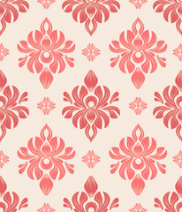 Damask seamless pattern with red flowers and cream background, vector illustration elegant for textile, wall paper, bedding, curtains, cushion cover, rug, scarf, upholstery fabric, vintage and luxury 