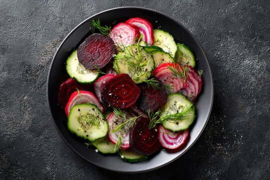 Overhead shot of a black plate containing sliced beets cucumbers and dill The plate sits on a dark textured surface - Powered by Adobe
