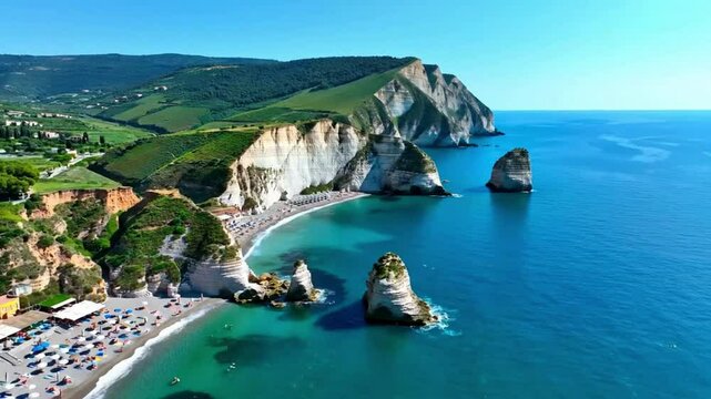 Aerial drone footage of spiaggia del frate beach and riviera del conero in Italy summer